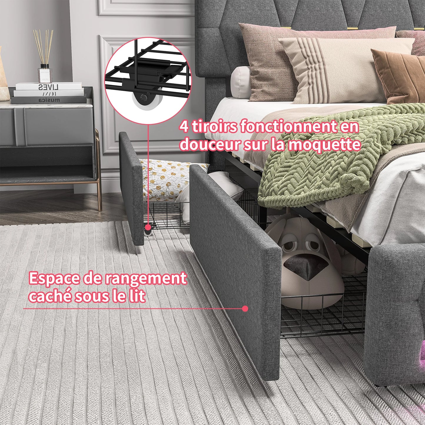 WoodenAura Bett 160x200 cm LED Doppelbett mit USB-Ladefunktion, Polsterbett Stauraumbett mit 4 Schubladen,Verstellbares Kopfteil