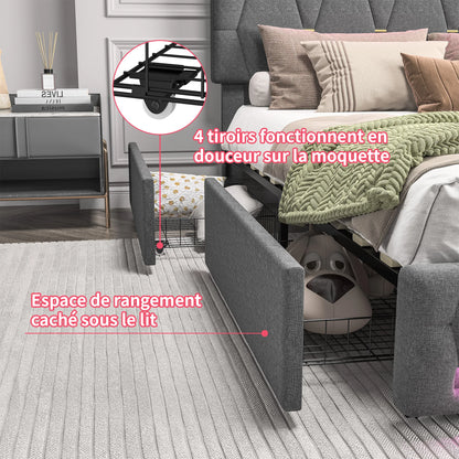 WoodenAura Bett 160x200 cm LED Doppelbett mit USB-Ladefunktion, Polsterbett Stauraumbett mit 4 Schubladen,Verstellbares Kopfteil