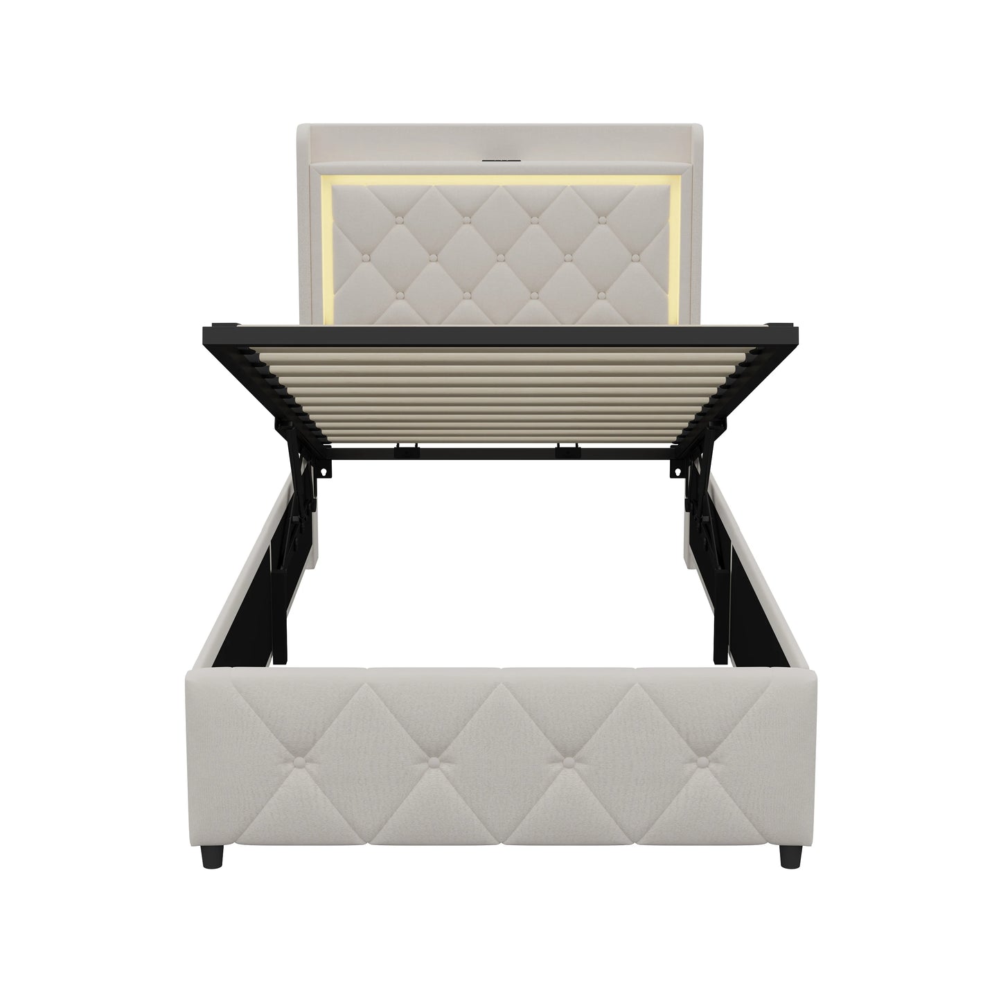 Rosahqnda Polster-Einzelbett 90 x 200 cm mit LED, Jugendbett mit USB/Typ-C, Bettkasten, Holzrahmen, Flanell (ohne Matratze)