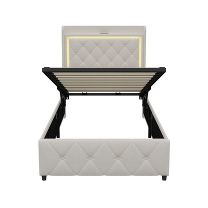 Rosahqnda Polster-Einzelbett 90 x 200 cm mit LED, Jugendbett mit USB/Typ-C, Bettkasten, Holzrahmen, Flanell (ohne Matratze)