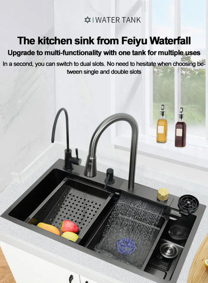 under the household sink    Black Stainless Steel Nano Undermount/Drop in Waterfall Single Bowl Kitchen Sink With Pull-Out Fauce