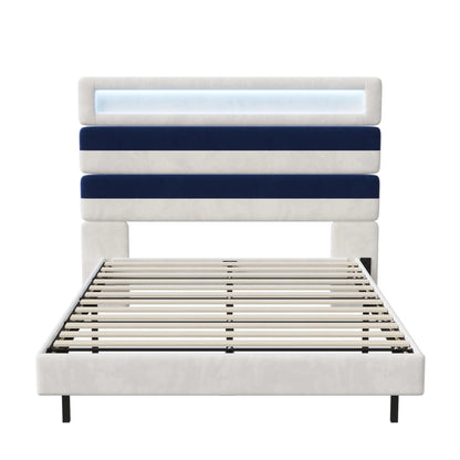 Anajqaqia 140 x 190 cm gepolstertes Bett, Doppelbett mit USB-Ladeanschluss, Kopfteil und Unterbett mit Lichtleiste, Samt