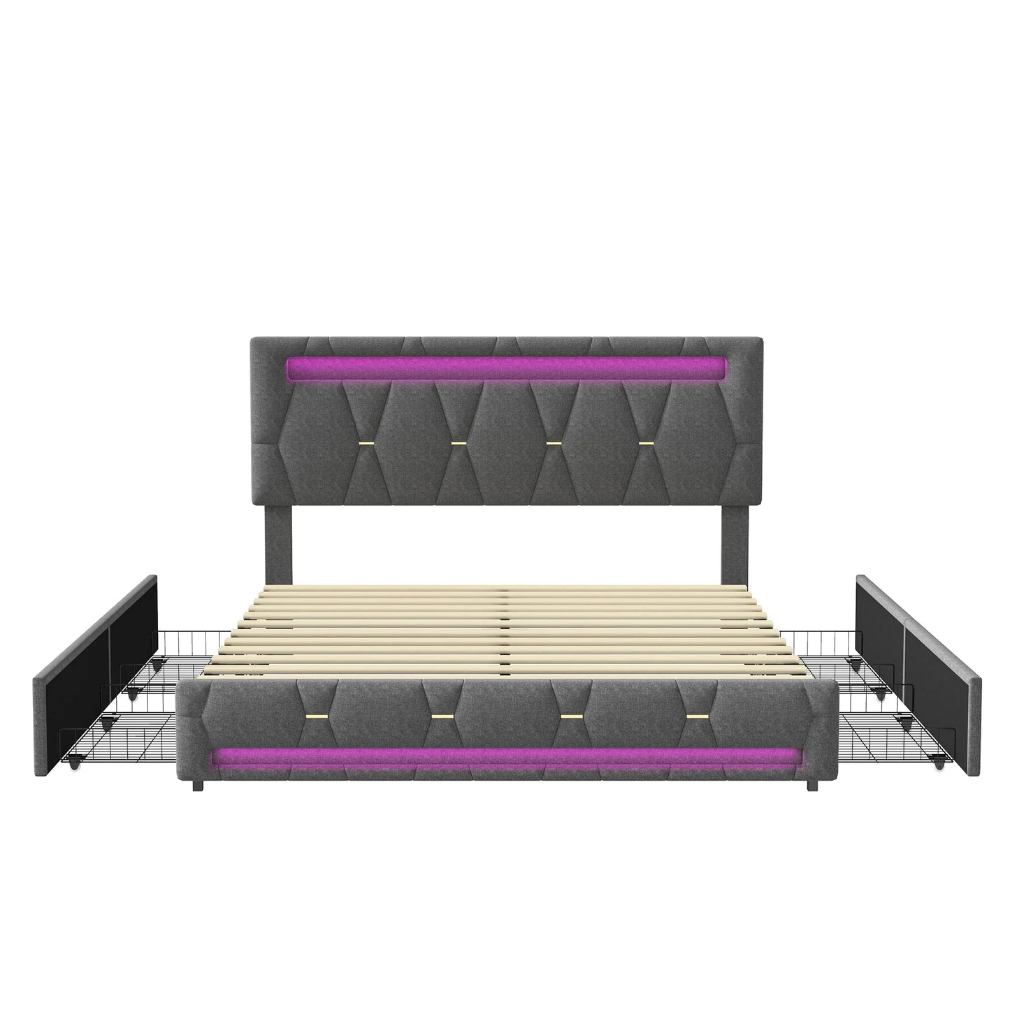 Rosahqnda Polsterbett 140 x 200 cm, Doppelbett mit LED-Beleuchtung, 4 Schubladen und Lattenrost, USB-Ladefunktion, hydraulisches Bett