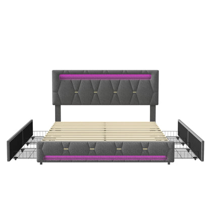 Rosahqnda Polsterbett 140 x 200 cm, Doppelbett mit LED-Beleuchtung, 4 Schubladen und Lattenrost, USB-Ladefunktion, hydraulisches Bett
