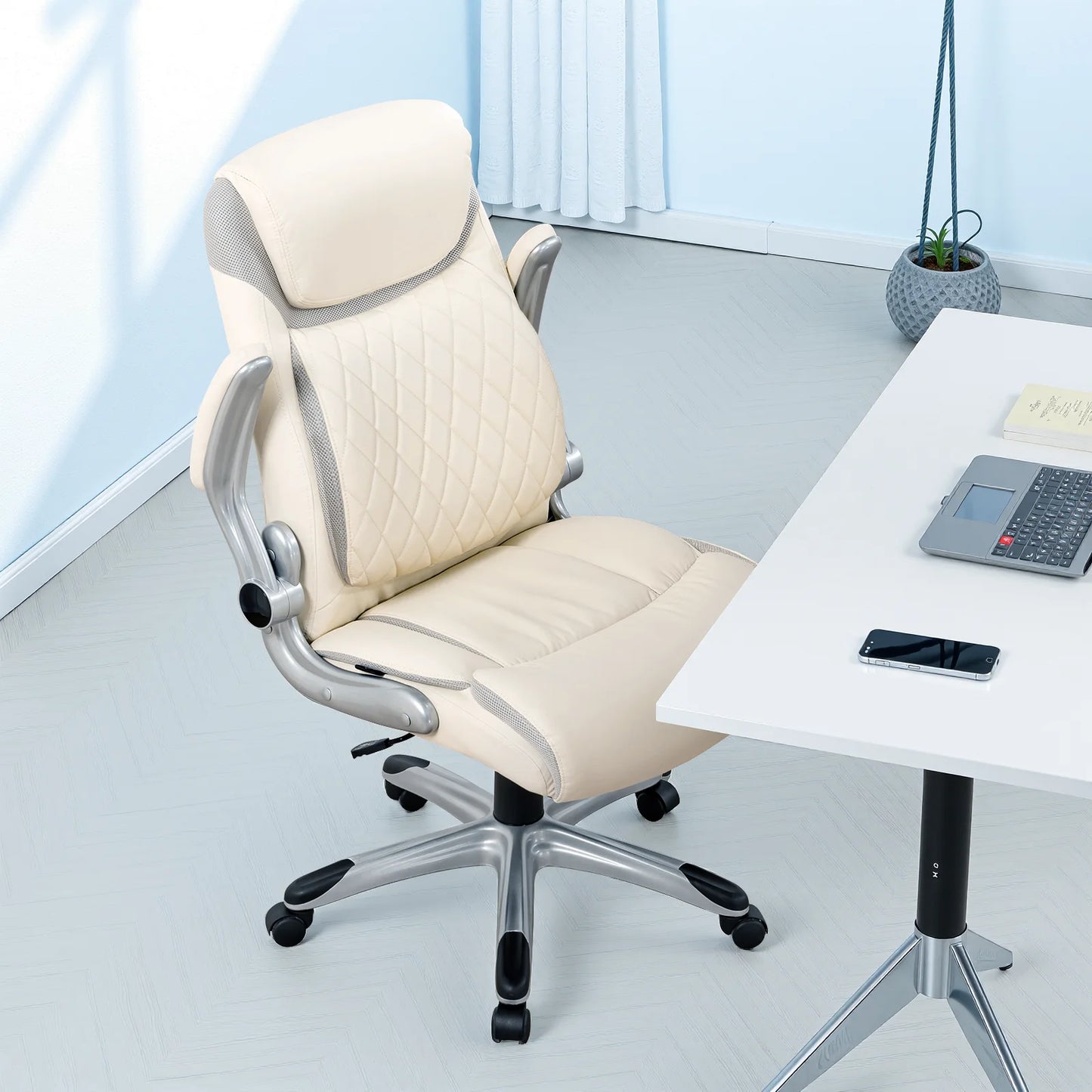 COMHOMA Bürostuhl Ergonomisch, Schreibtischstuhl mit klappbaren Armlehnenmit und Hoher Rückenlehne, Kratzfeste Leder