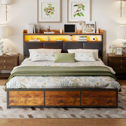 Comanlai Polsterbett, 180 x 200 cm, Eisenrahmen, Doppelbett mit LED-Leuchten und 4 Schubladen, gepolstertes Bett mit Lattenrost