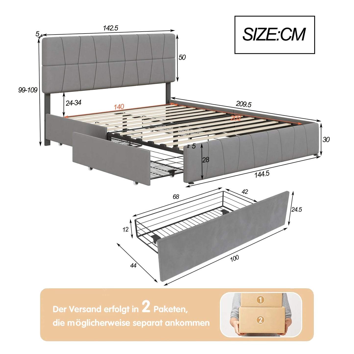 Rosahqnda Upholstered Bed 140x200cm,4 Storage Drawers,Modern Double Bed,Suitable for Adults,Teenagers,Gray,Velvet