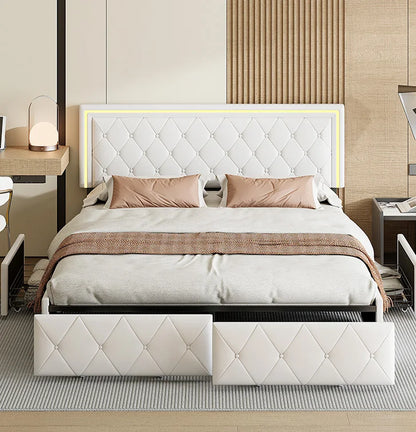 ROSAHQNDA Modernes Kunstlederbett mit Schubladen, LED-PU-Doppelbettgestell mit Stauraum, 140/160 x 200 cm, ohne Matratze