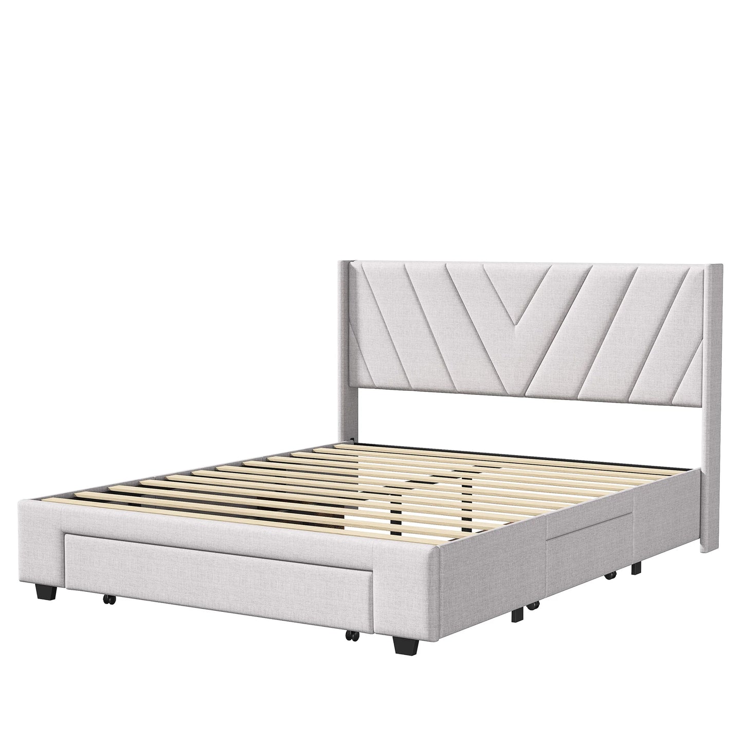 UrbanLuxe Doppelbett 160x200 cm mit 3 Schubladen, Bett mit Stauraum, Lattenrost, Bettgestell, Leinen, Beige, ohne Matratze