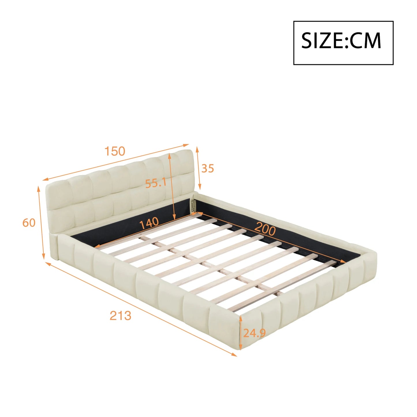 ROSAHQNDA Modernes Polsterbett, Doppelbett mit weicher Rückenlehne, Flachbett mit Polsterkante, Leinenstoff, ohne Matratze