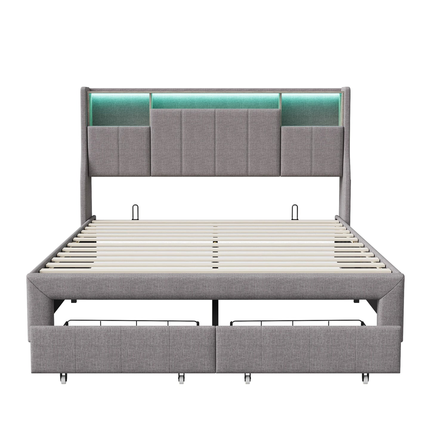 Rosahqnda LED-Polsterbett für Doppelbett mit 2 Schubladen, Kopfteil mit Stauraum und USB, Jugendbett mit Stauraum, Leinen