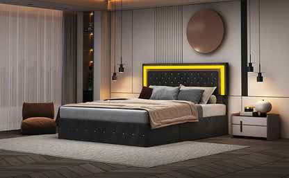 Rosahqnda Doppelbettgestell 140–160–180 x 200 cm, verstellbares LED-Kopfteil, hydraulisches Bett mit Stauraum, gepolstertes Jugendbett, Samt