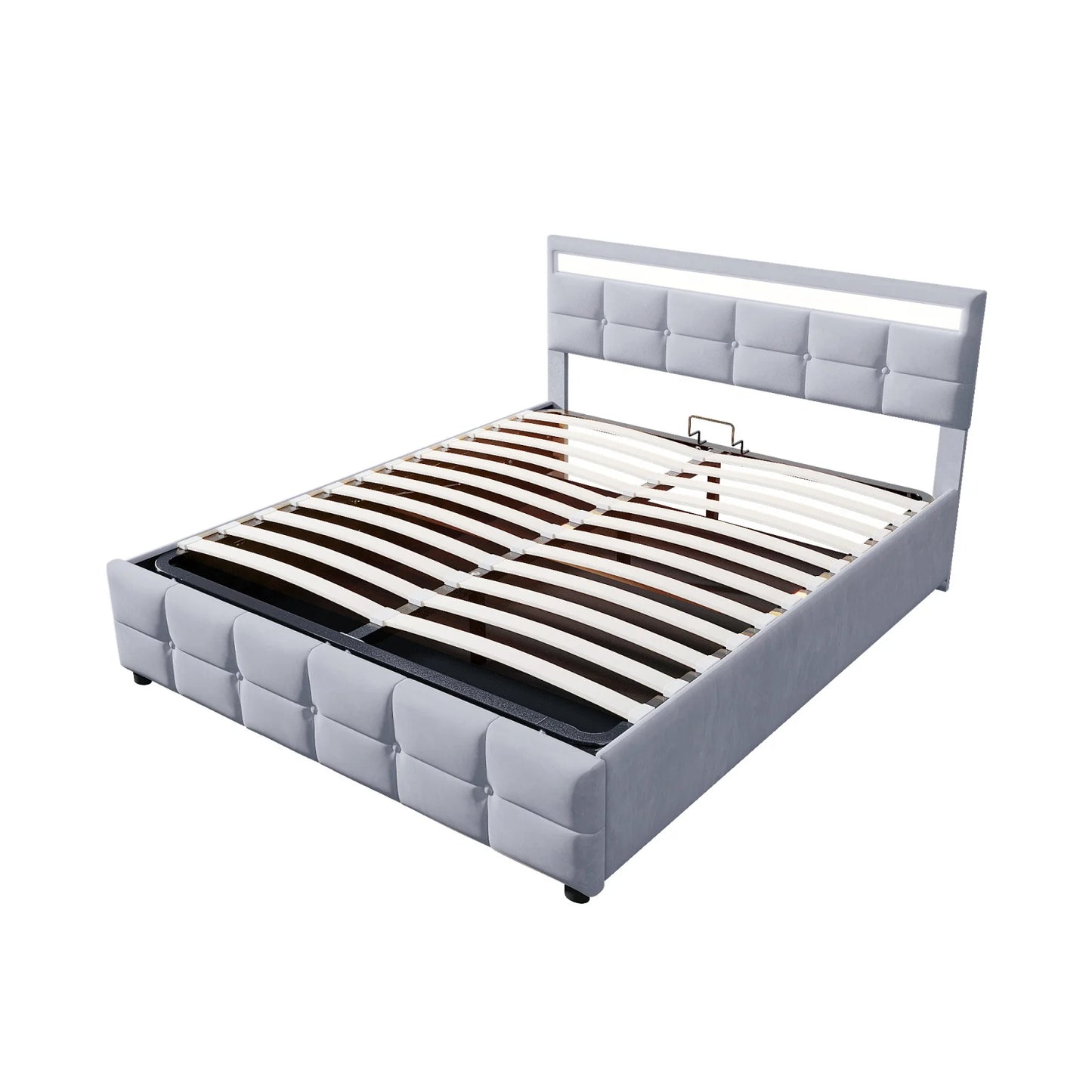 Anajqaqia Polsterbett 180 x 200 cm, hydraulisches Bett mit großem Stauraum, Doppelbettrahmen mit Lattenrost, Samt, Grau