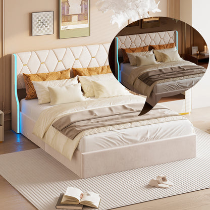 Bett 140x200 cm, Polsterbett mit Hydraulischem Stauraum und LED-Kopfteil, Doppelbett Stauraumbett mit Lattenrost, Funktionsbett