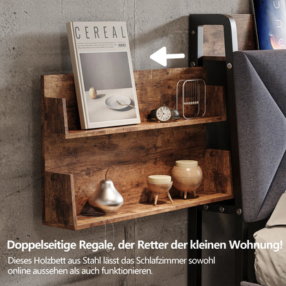 Bett 160 x 200 mit USB, Doppelbett mit 4 Schubladen, Kopfteil mit ausziehbarem Stauraum, Erwachsenenbett mit Lattenrost aus Holz