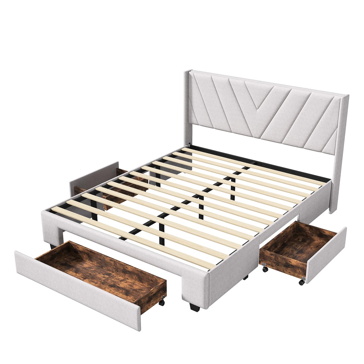 UrbanLuxe Doppelbett 160x200 cm mit 3 Schubladen, Bett mit Stauraum, Lattenrost, Bettgestell, Leinen, Beige, ohne Matratze
