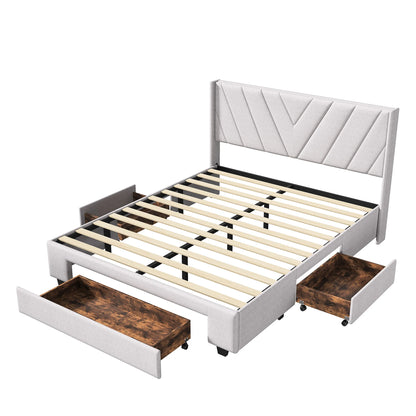 UrbanLuxe Doppelbett 160x200 cm mit 3 Schubladen, Bett mit Stauraum, Lattenrost, Bettgestell, Leinen, Beige, ohne Matratze