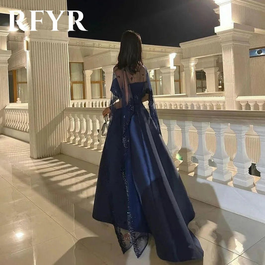 RFYR Marineblaues A-Linie-Satin-Abschlussballkleid mit Umhang, plissiert, knöchellang, für Damen, elegantes formelles Anlasskleid, Abendkleider, individuell gestaltet.