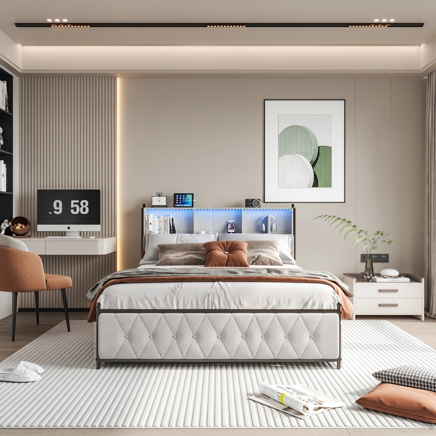 WoodenAura 140x200cm Polsterdoppelbett mit LED-Kopfteil und USB, mit Lattenrost und 4 Schubladen, Stauraum, Funktionsbett180x200