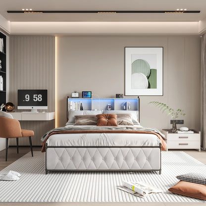 WoodenAura 140x200cm Polsterdoppelbett mit LED-Kopfteil und USB, mit Lattenrost und 4 Schubladen, Stauraum, Funktionsbett180x200