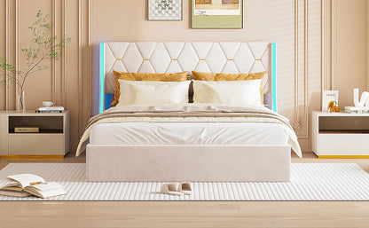 Rosahqnda Polsterbett, hydraulisches Doppelbett mit Lattenrost und LED-Kopfteil, Stauraumbett, Funktionsbettgestell in Flanell