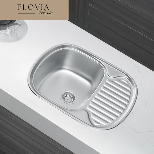 60 x 49 cm Ovales Spülbecken aus Edelstahl mit Abtropffläche – Einbauspüle, reversibel, modernes Design mit einem Becken