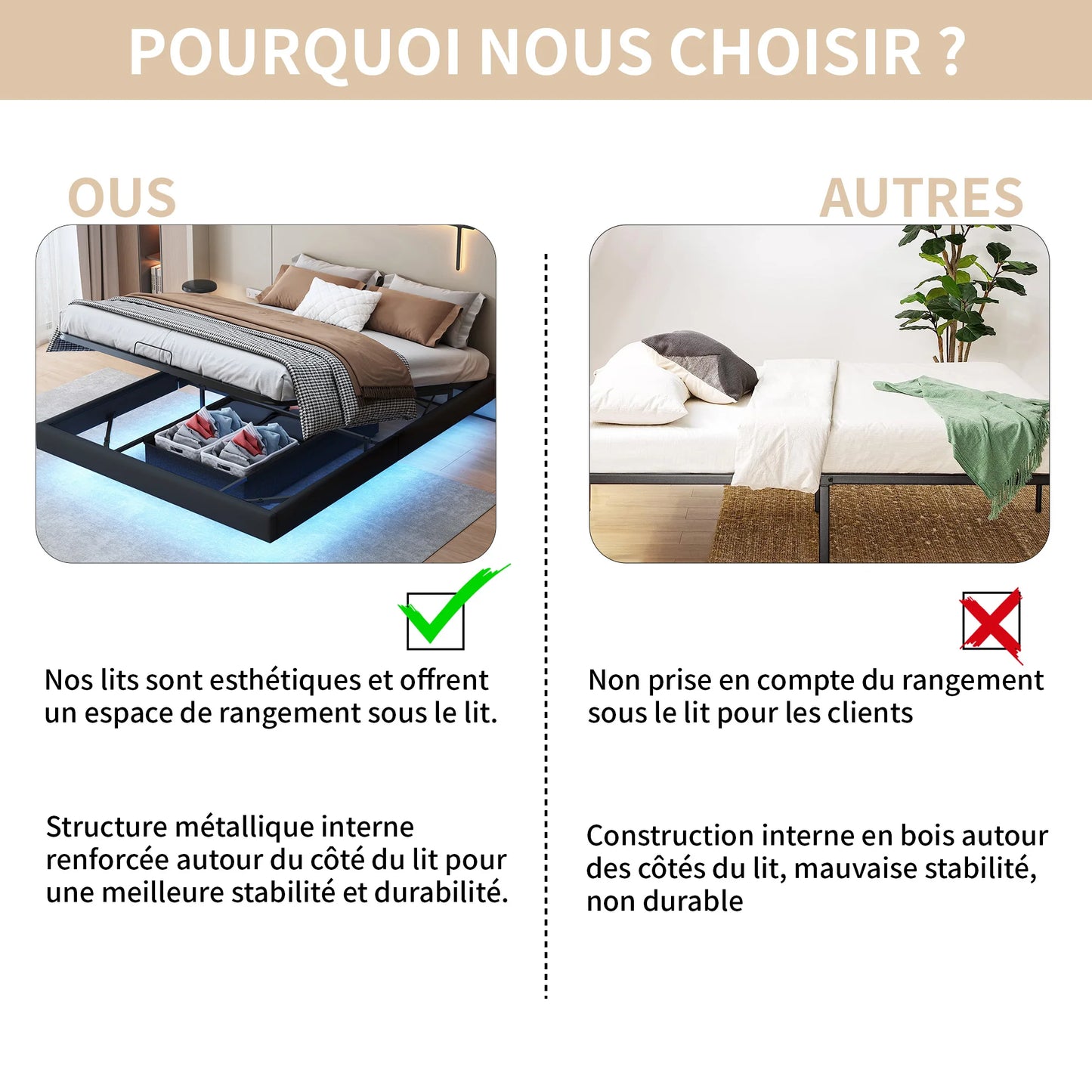 Rosahqnda Doppelbett 160 x 200 cm mit LED-Beleuchtung, Lattenrost aus Metall, schwebender Bettrahmen mit Licht, Schwarz (ohne Matratze)