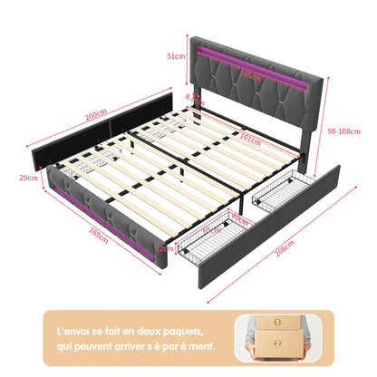 Rosahqnda  Polsterbett, Doppelbett ohne Matratze, Leinenbettrahmen mit Kopfteil-Rückenlehne, 4 Schubladen, Doppelbett
