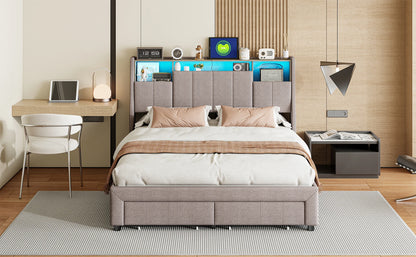 Rosahqnda LED-Polsterbett für Doppelbett mit 2 Schubladen, Kopfteil mit Stauraum und USB, Jugendbett mit Stauraum, Leinen