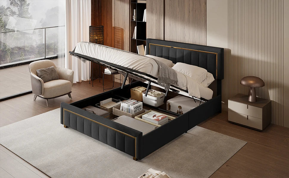 Rosahqnda Doppeltes gepolstertes hydraulisches Bett, 140-160 * 200 cm, großer Stauraum, Gästebett, Samt, schwarz, beige