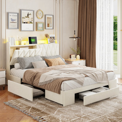 RosahqndaPolsterbett mit Schubladen, Elegantes Stauraum-Kopfteil, modernes Doppelbett in beigem Samt, Farbe beige, ohne Matratze