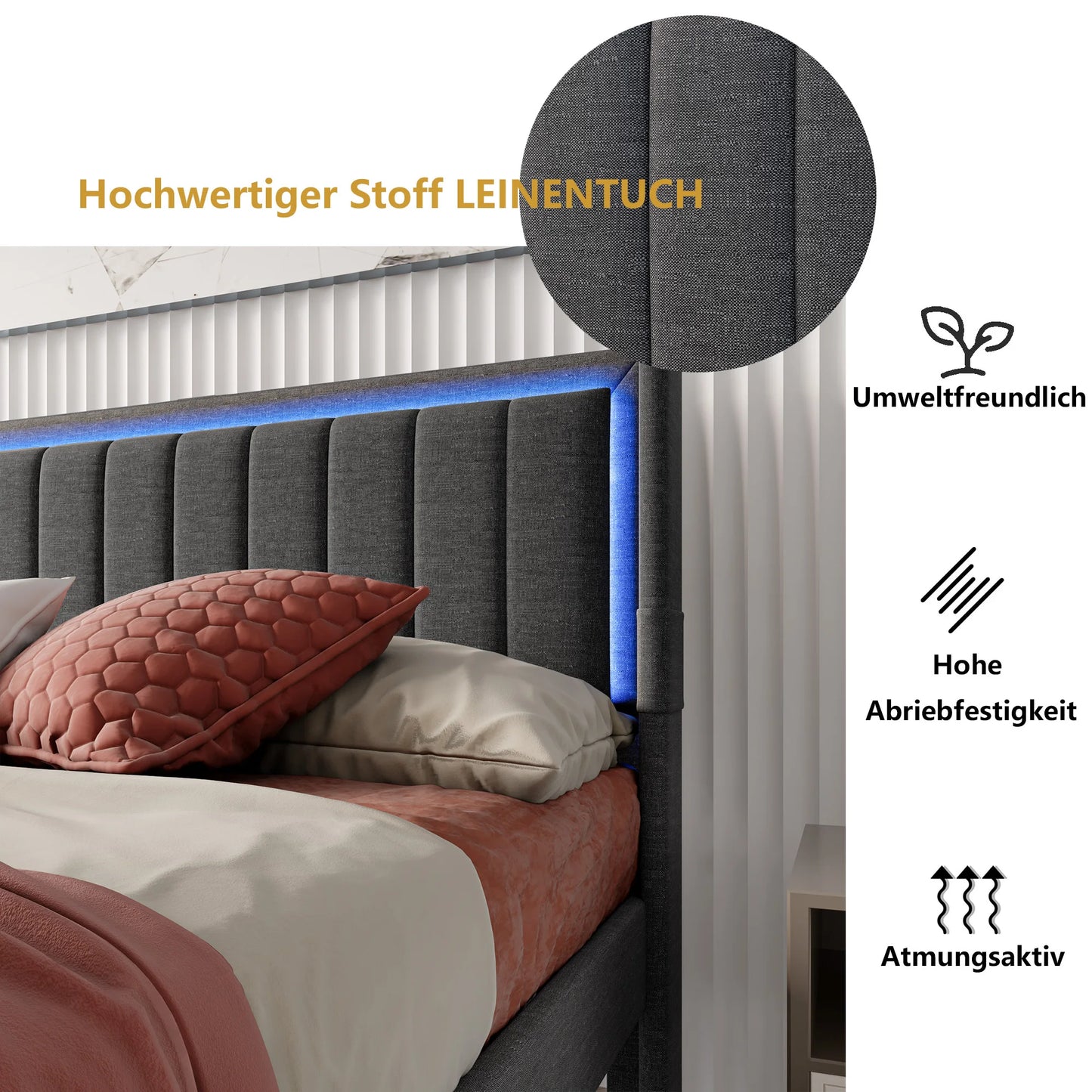 Rosahqnda Gepolsterter Bettrahmen mit LED, USB, Schubladen, Leinen Plattformbett 140-160-180×200cm,Jugendwohnungsbett,Gästebett