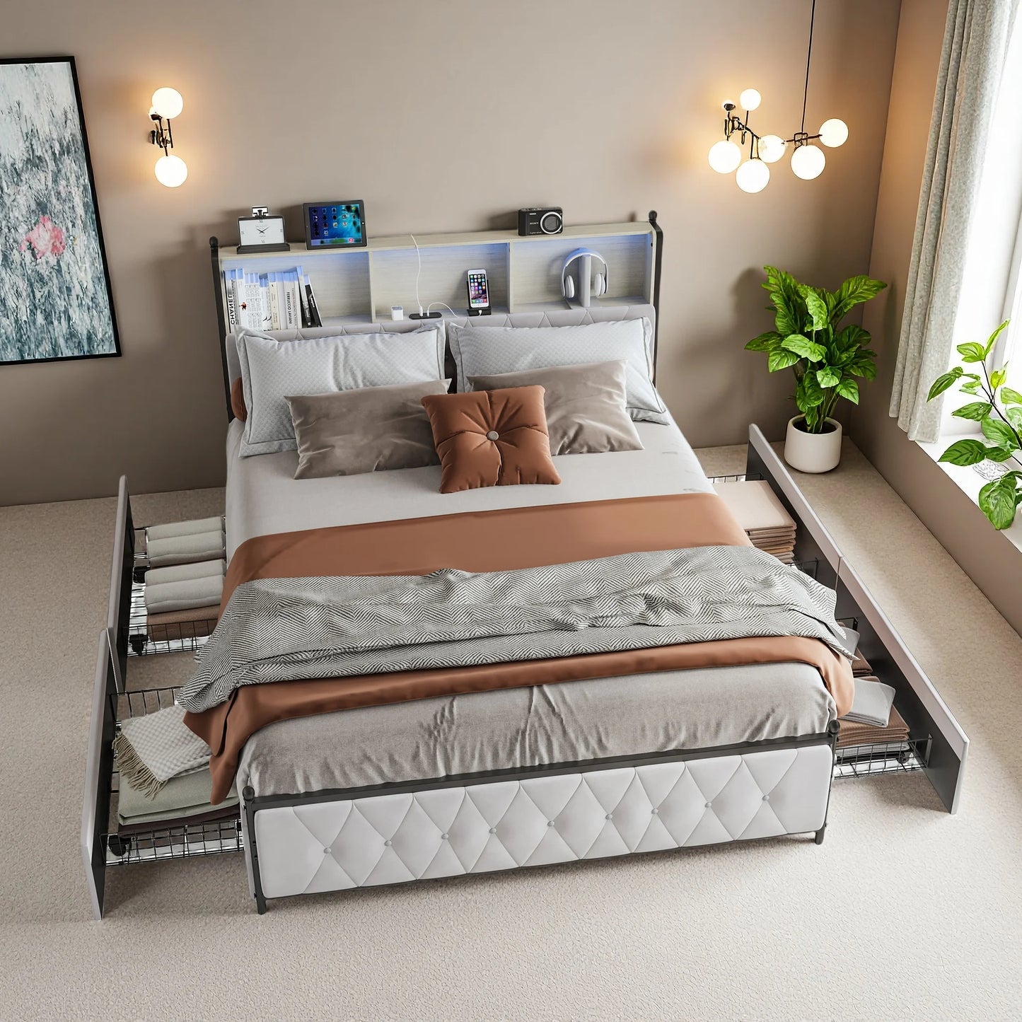 WoodenAura 140x200cm Polsterdoppelbett mit LED-Kopfteil und USB, mit Lattenrost und 4 Schubladen, Stauraum, Funktionsbett180x200