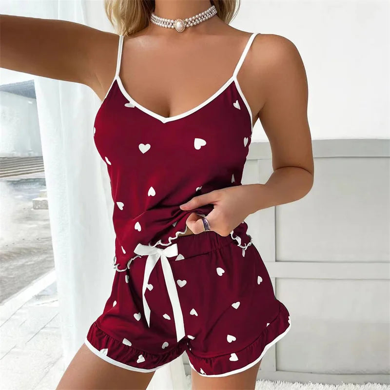 2024 sommer Pyjama Set Große Größe Weste Shorts frauen Hosenträger Weiche Casual Nette Gedruckt Frauen pyjamas set.