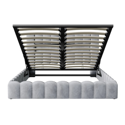 Rosahqnda Polsterbett mit LED- und USB-Anschluss, Leinenbaumstumpfbettgestell mit Kopfteil, 140 x 200 cm großes hydraulisches Bett ohne Matratze