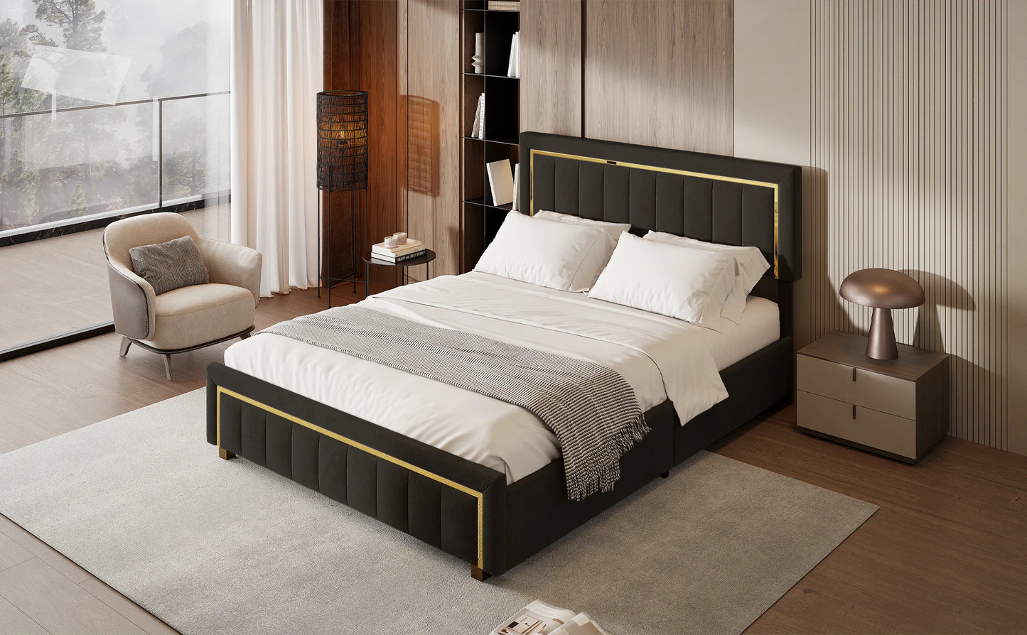 Rosahqnda Doppeltes gepolstertes hydraulisches Bett, 140-160 * 200 cm, großer Stauraum, Gästebett, Samt, schwarz, beige