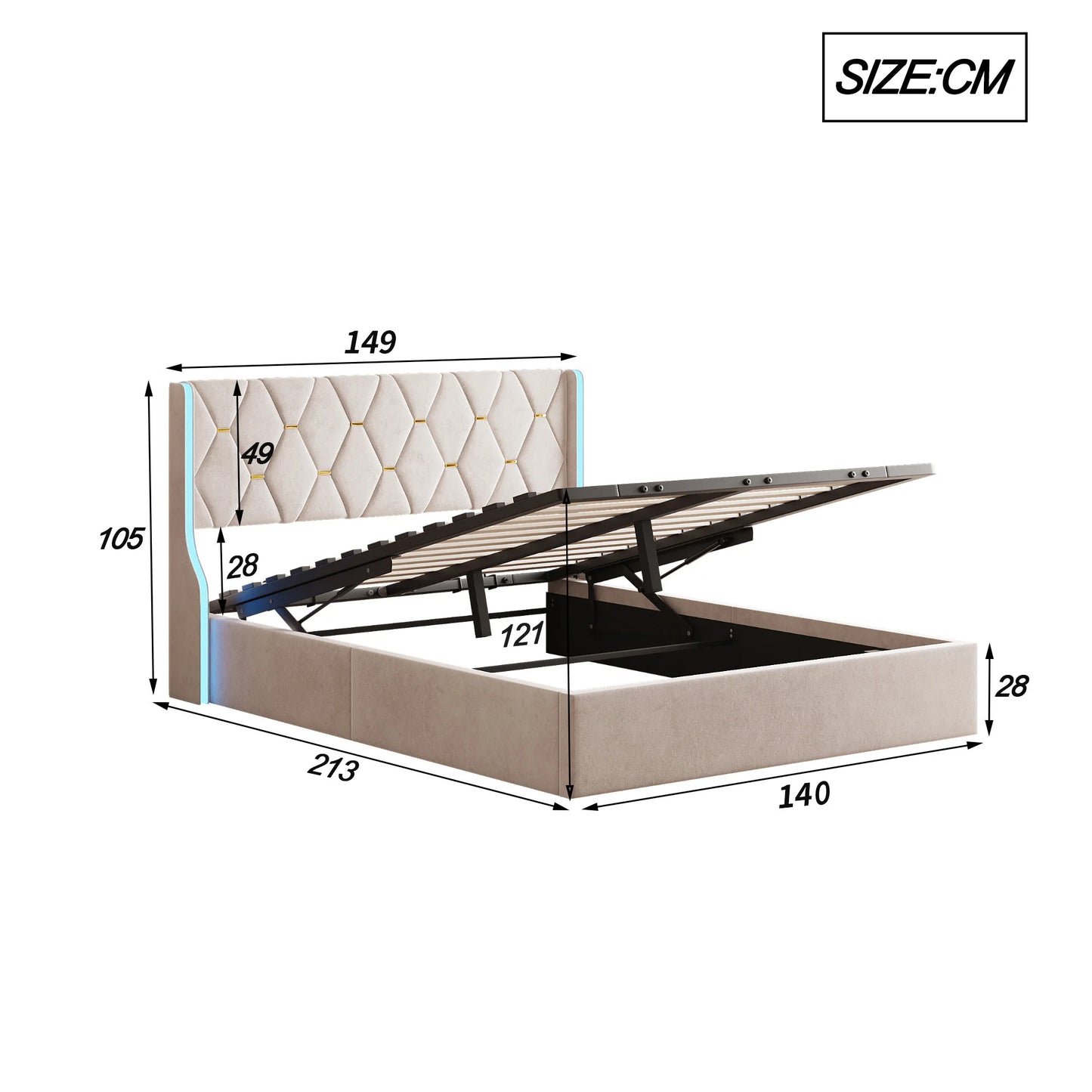 Polsterbett Doppelbett 140x200 cm, Bett mit Stauraum und Lattenrost, Bett mit LED, Stauraumbett mit Bettkasten und Kopfteil