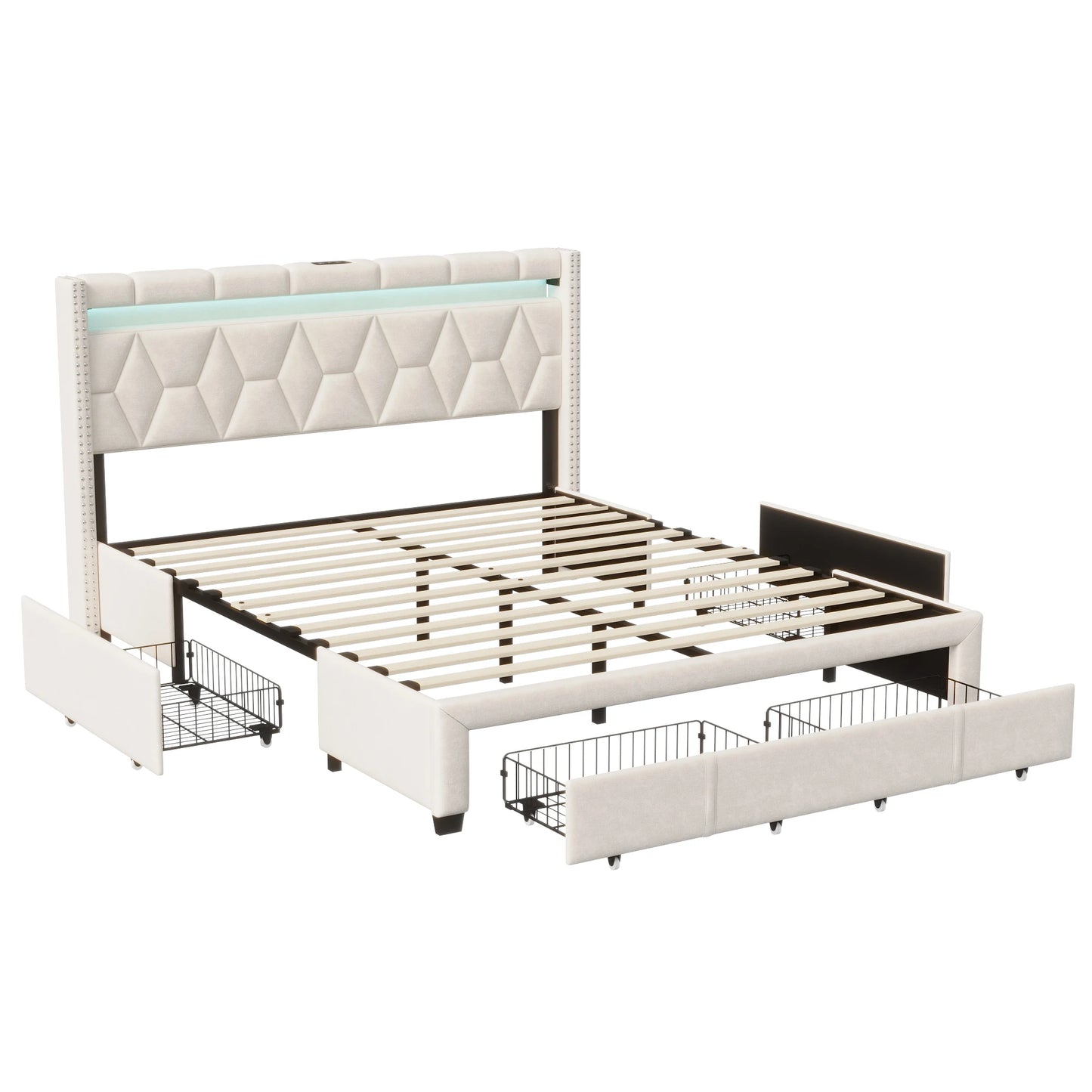 Comanlai Polsterbett, 160 x 200 cm, mit LED-Kopfteil und USB, mit 4 Schubladen, ohne Matratze, Leinenbeige