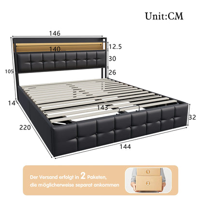 Rosahqnda Multifunctional Double Bed,Rechargeable,LED and Hydraulic Storage,Teen Bed,140/160 x 200 cm,Linen/PU,Grey,Black.