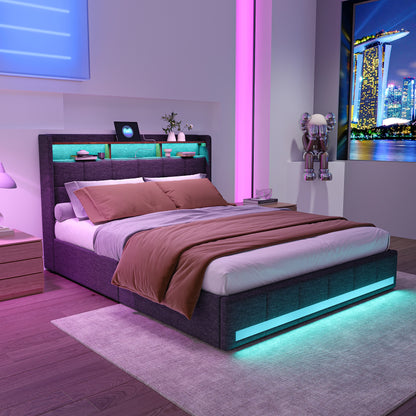 Rosahqnda Modernes Doppelbett mit Schubladen, einzigartiges Polsterbett, mit Ladeanschluss, Bettrahmen mit Stauraum