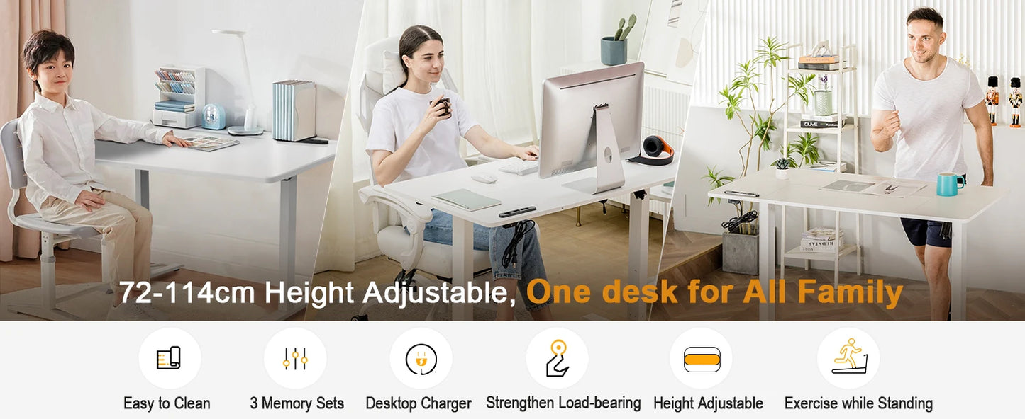 COMHOMA Höhenverstellbarer Schreibtisch mit USB-Buchse und Haken, Elektrisch Verstellbarer Computertisch, Steh-Sitztisch
