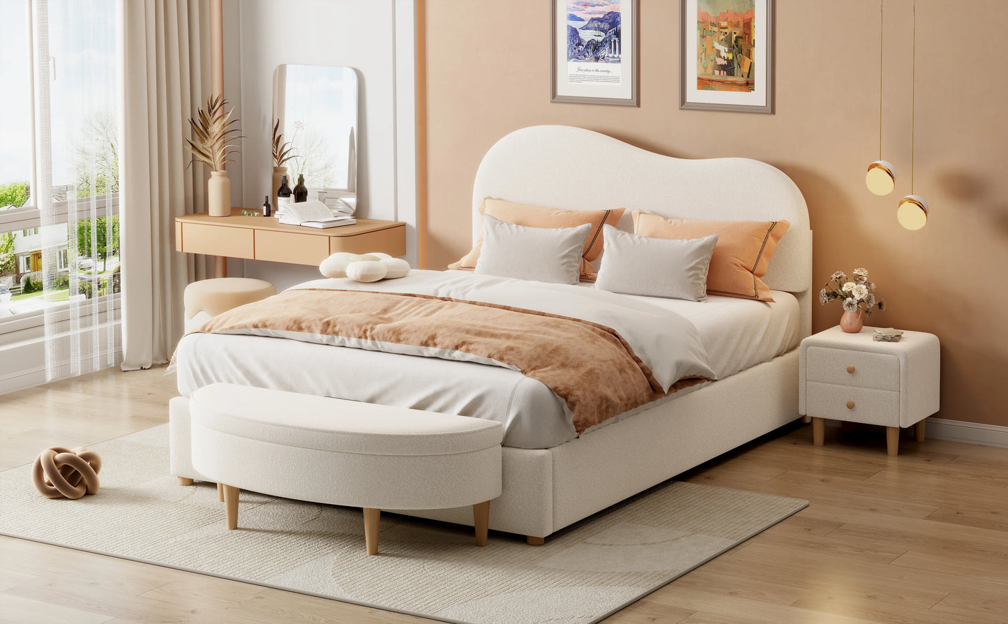 Rosahqnda Komplettschlafzimmer Set,Polsterbett + Bettbänke ,Hydraulisch Doppelbett, Verstellbares Kopfteil