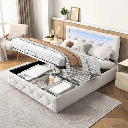 Rosahqnda Modernes weißes Polsterbett,hydraulisches Bett mit großem Stauraum, elegantes Doppelbett,Samtstoff, ohne Matratze