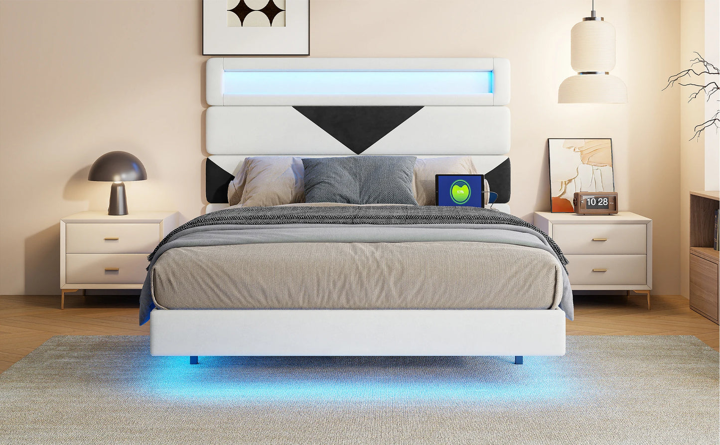 Rosahqnda Schwebebett 140*190cm Doppelbett Rahmen 160*200cm mit LED&USB Polsterbett Erwachsenenwohnung Jugendbett Samt