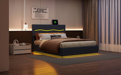 Rosahqnda Doppelbettgestell 140-160-180*200cm Polsterbett mit LED & USB & viel Stauraum, Jugendgästebett, PU, Beige/Schwarz