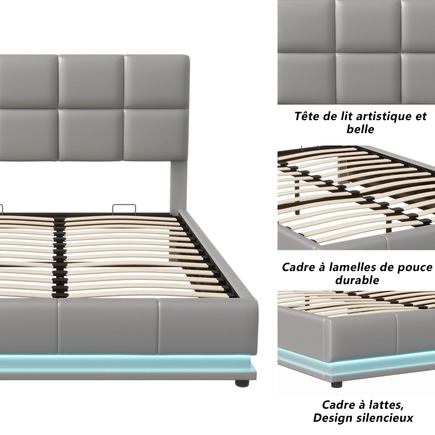 Rosahqnda Hydraulischer Doppelbettrahmen 140*190cm mit LED, Verstellbares Kopfteil, Stauraumbett 140*200cm, Polsterbett, PU