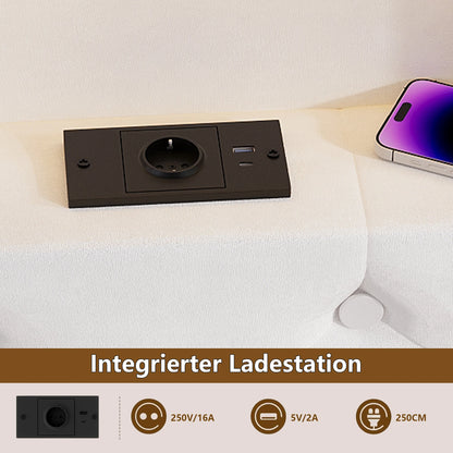 UrbanLuxe Polsterbett 140x200 cm mit LED-Streifen und USB-Ladeanschluss, Stauraumschubladen, Lattenrost, weißer Samt