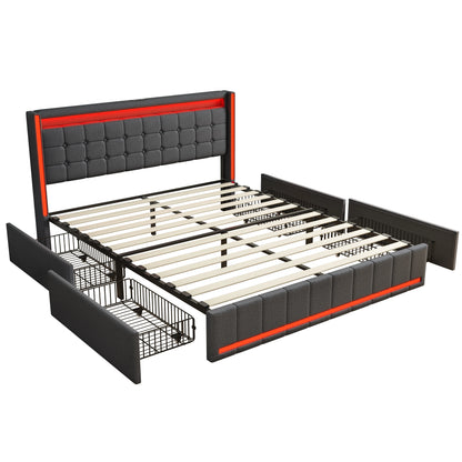 Rosahqnda Modern Double Bed with Drawers,Sockets,Led,Solid Metal,Headboard and Bed Frame with Storage,Teen Bed,Linen,Dark Grey