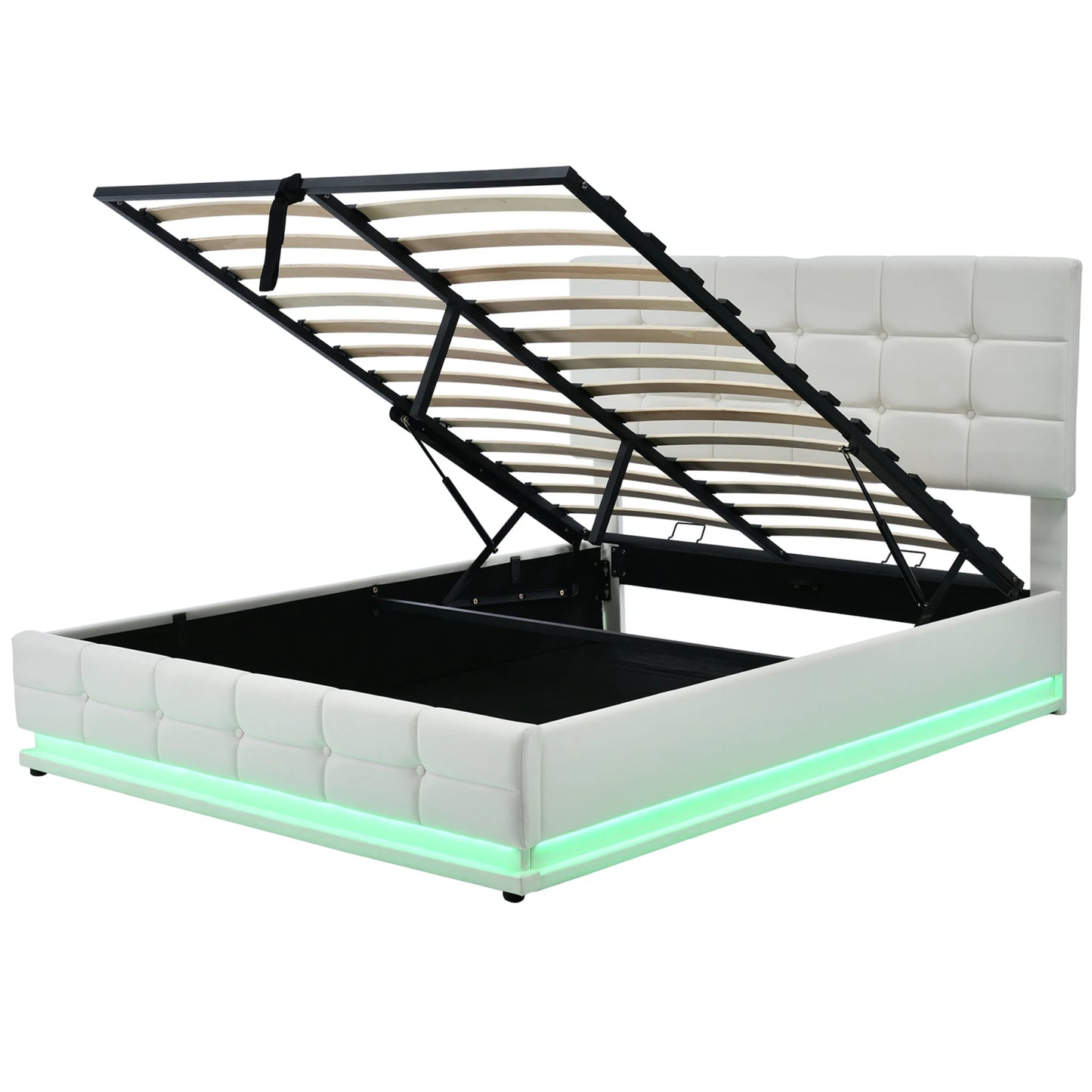 Rosahqnda gepolstertes Doppelbett 140 x 200 cm, LED-Beleuchtung, Doppelbett mit Stauraum, Kinderbett, Jugendbett, weißes PU-Leder