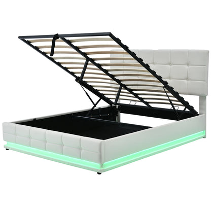 Rosahqnda gepolstertes Doppelbett 140 x 200 cm, LED-Beleuchtung, Doppelbett mit Stauraum, Kinderbett, Jugendbett, weißes PU-Leder